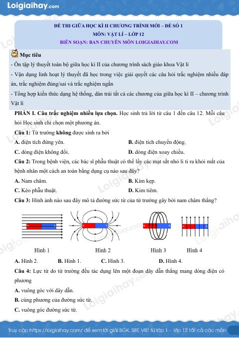 Đề thi giữa học kì 2 Vật lí 12 Chân trời sáng tạo - Đề số 1